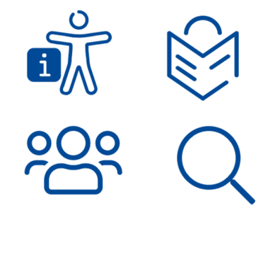 Symbole für Barrierefreiheit, leichte Sprache, Ansprechpartner und Suche